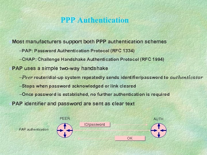 PPP Authentication n. Most manufacturers support both PPP authentication schemes –PAP: Password Authentication Protocol