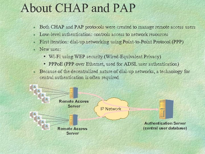 About CHAP and PAP l l l Both CHAP and PAP protocols were created