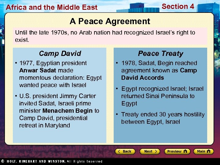 Section 4 Africa and the Middle East A Peace Agreement Until the late 1970