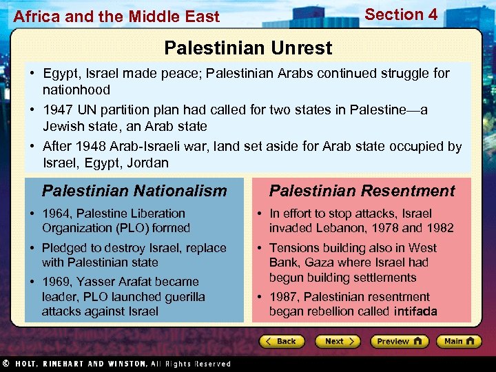 Section 4 Africa and the Middle East Palestinian Unrest • Egypt, Israel made peace;