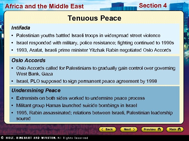 Africa and the Middle East Section 4 Tenuous Peace Intifada • Palestinian youths battled