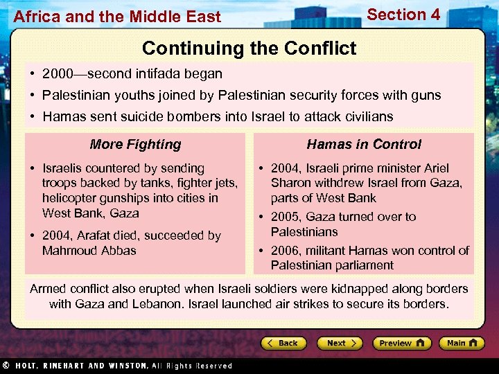 Section 4 Africa and the Middle East Continuing the Conflict • 2000—second intifada began
