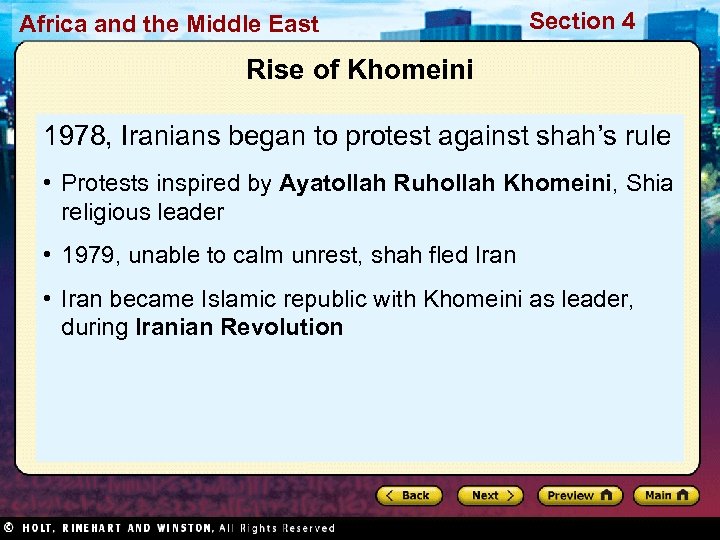 Africa and the Middle East Section 4 Rise of Khomeini 1978, Iranians began to