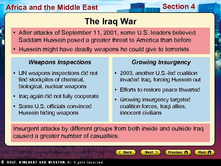 Section 4 Africa and the Middle East The Iraq War • After attacks of