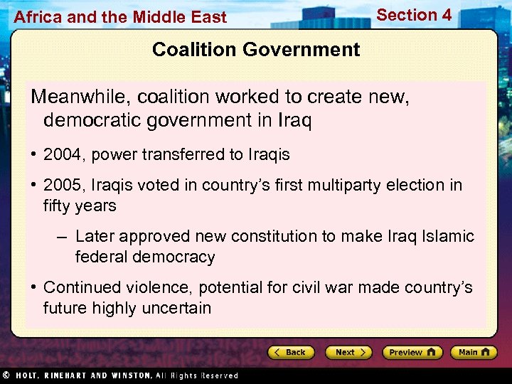 Africa and the Middle East Section 4 Coalition Government Meanwhile, coalition worked to create
