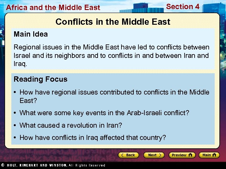 Africa and the Middle East Section 4 Conflicts in the Middle East Main Idea