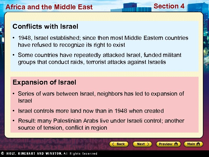 Africa and the Middle East Section 4 Conflicts with Israel • 1948, Israel established;