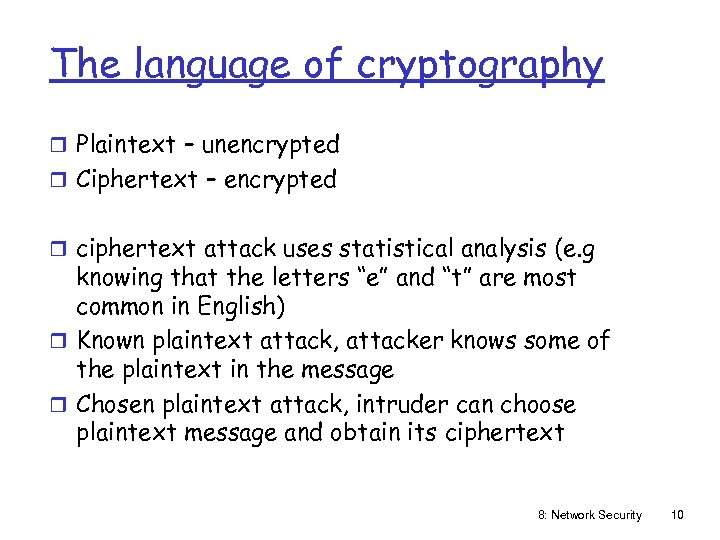 The language of cryptography r Plaintext – unencrypted r Ciphertext – encrypted r ciphertext