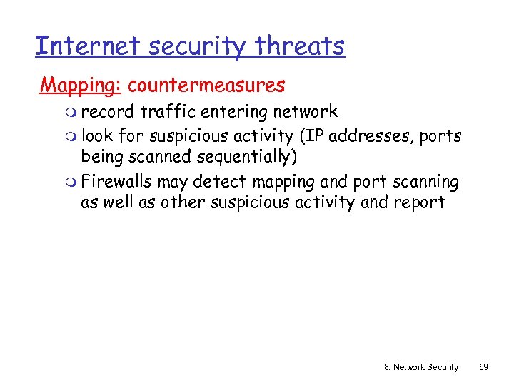 Internet security threats Mapping: countermeasures m record traffic entering network m look for suspicious