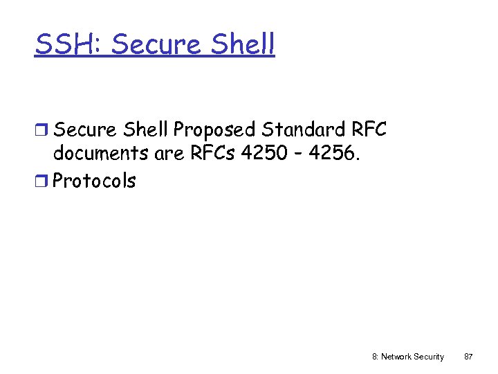 SSH: Secure Shell r Secure Shell Proposed Standard RFC documents are RFCs 4250 –