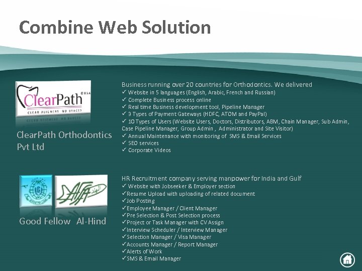 Combine Web Solution Business running over 20 countries for Orthodontics. We delivered Clear. Path