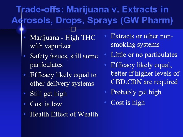 Trade-offs: Marijuana v. Extracts in Aerosols, Drops, Sprays (GW Pharm) • Marijuana - High