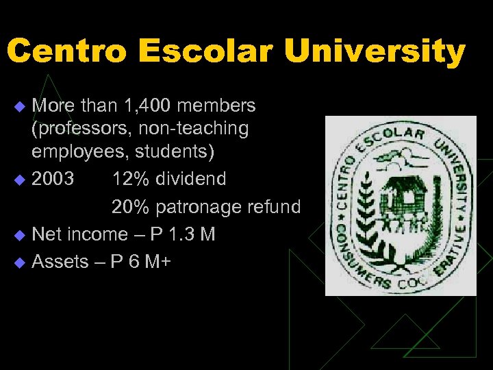 Centro Escolar University More than 1, 400 members (professors, non-teaching employees, students) u 2003