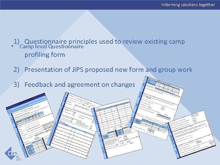 Informing solutions together 1) Questionnaire principles used to review existing camp • Camp level