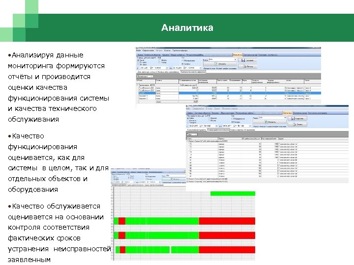 Аналитика • Анализируя данные мониторинга формируются отчёты и производится оценки качества функционирования системы и