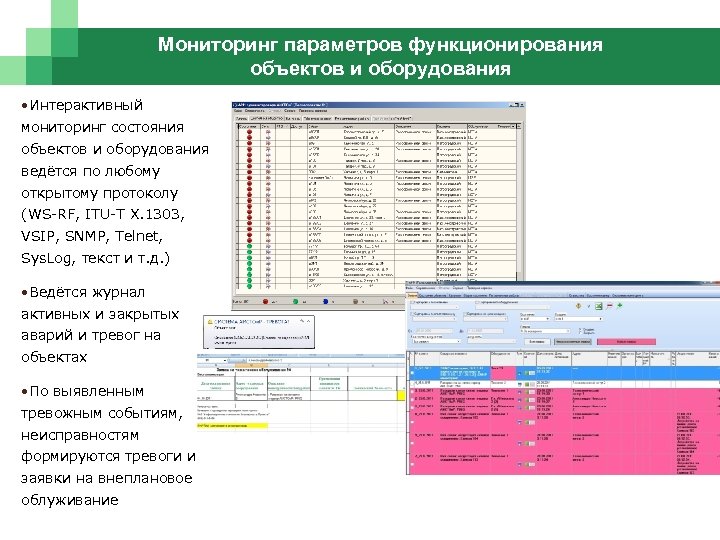 Мониторинг параметров функционирования объектов и оборудования • Интерактивный мониторинг состояния объектов и оборудования ведётся