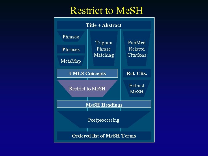 Restrict to Me. SH Title + Abstract Phrasex Phrases Trigram Phrase Matching Pub. Med