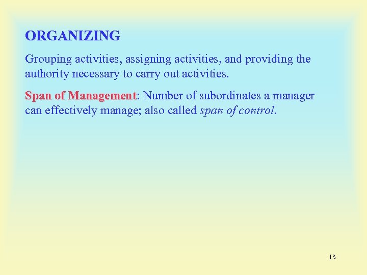 ORGANIZING Grouping activities, assigning activities, and providing the authority necessary to carry out activities.