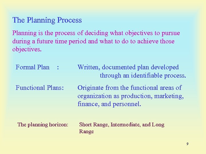 The Planning Process Planning is the process of deciding what objectives to pursue during