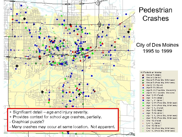Pedestrian Crashes City of Des Moines 1995 to 1999 + Significant detail – age