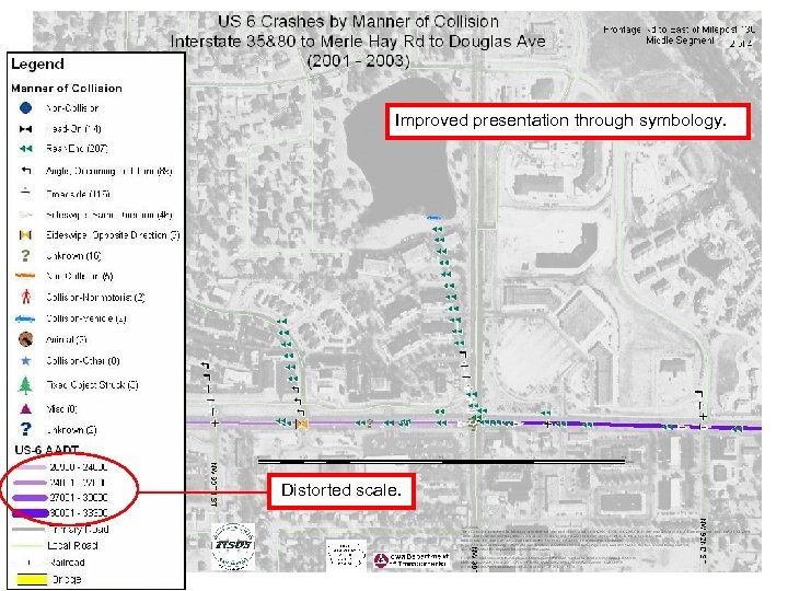 Improved presentation through symbology. Distorted scale. 