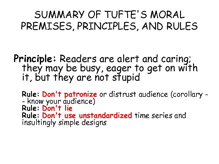 SUMMARY OF TUFTE'S MORAL PREMISES, PRINCIPLES, AND RULES Principle: Readers are alert and caring;