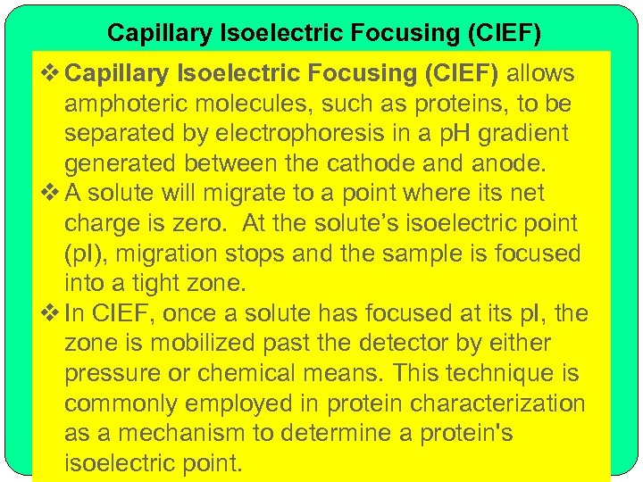 Capillary Isoelectric Focusing (CIEF) v Capillary Isoelectric Focusing (CIEF) allows amphoteric molecules, such as