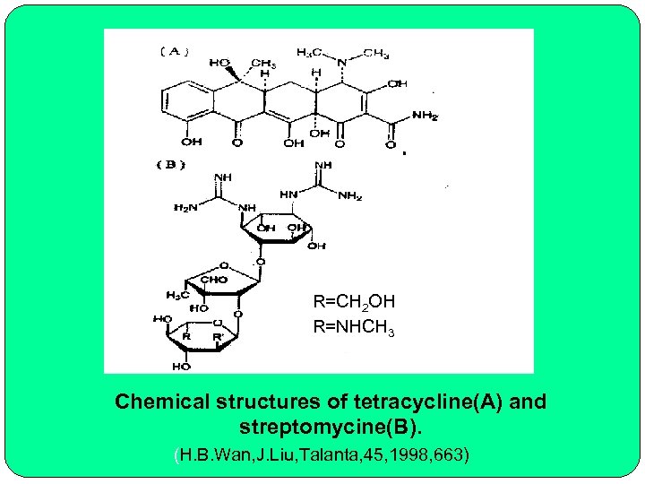 R=CH 2 OH R=NHCH 3 Chemical structures of tetracycline(A) and streptomycine(B). (H. B. Wan,