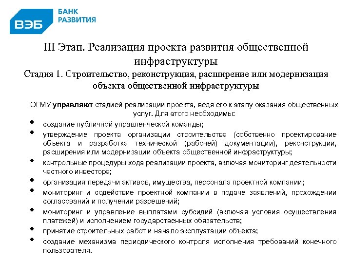 III Этап. Реализация проекта развития общественной инфраструктуры Стадия 1. Строительство, реконструкция, расширение или модернизация