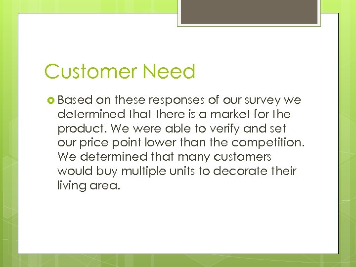 Customer Need Based on these responses of our survey we determined that there is