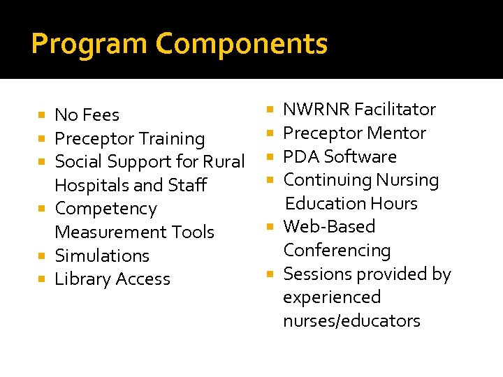 Program Components No Fees Preceptor Training Social Support for Rural Hospitals and Staff Competency