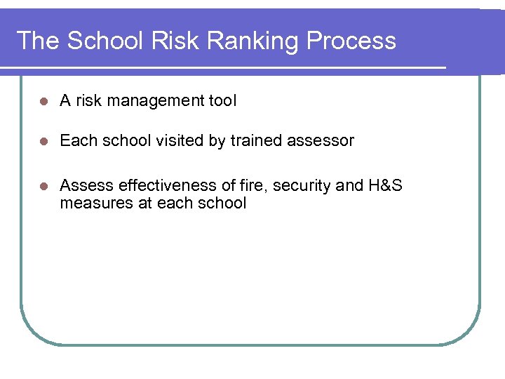 The School Risk Ranking Process l A risk management tool l Each school visited