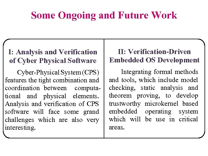 Some Ongoing and Future Work I: Analysis and Verification of Cyber Physical Software II: