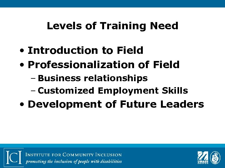 Levels of Training Need • Introduction to Field • Professionalization of Field – Business