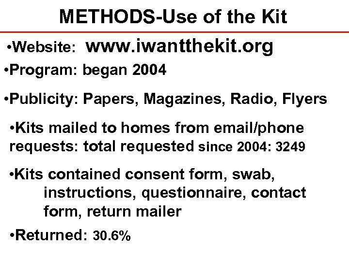 METHODS-Use of the Kit • Website: www. iwantthekit. org • Program: began 2004 •