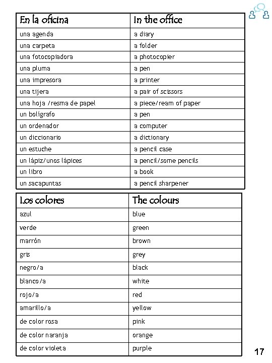 En la oficina In the office una agenda a diary una carpeta a folder