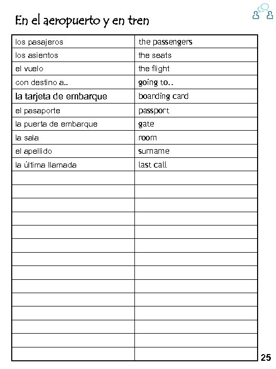 En el aeropuerto y en tren los pasajeros the passengers los asientos the seats