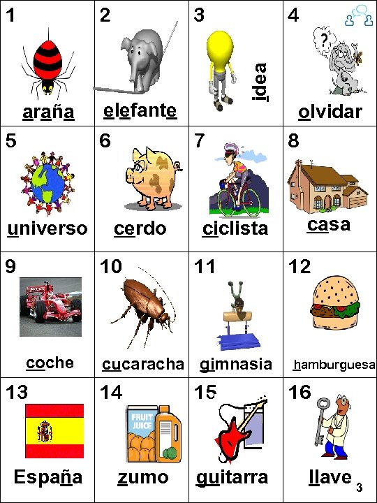 2 araña 5 3 elefante 6 universo 9 7 cerdo 10 coche 13 España