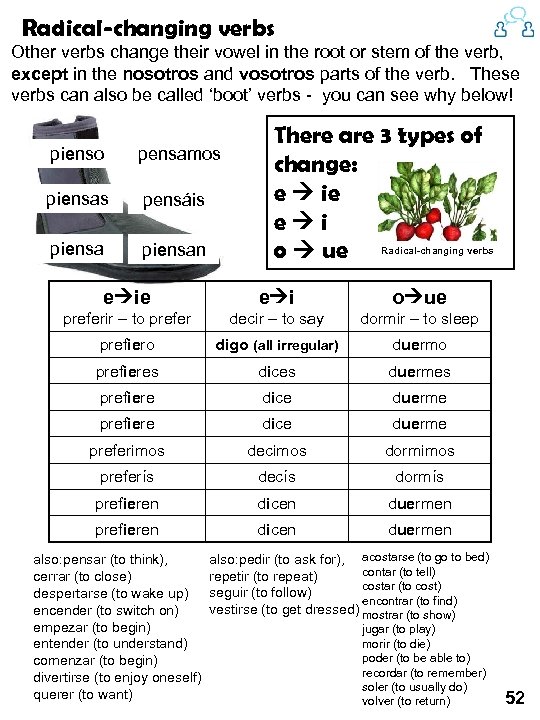 Radical-changing verbs Other verbs change their vowel in the root or stem of the