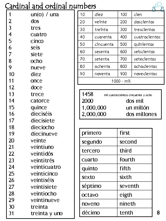 Cardinal and ordinal numbers 1 2 3 4 5 6 7 8 9 10