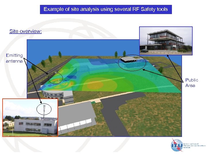 Example of site analysis using several RF Safety tools Site overview: Emitting antenna Public