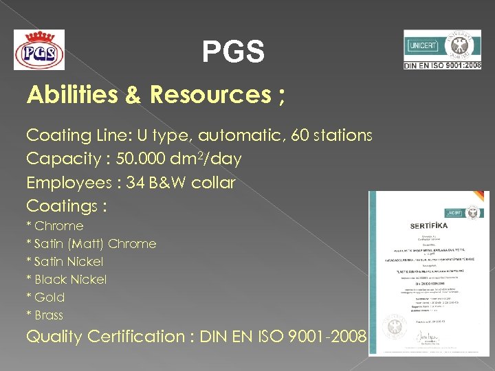 PGS Abilities & Resources ; Coating Line: U type, automatic, 60 stations Capacity :