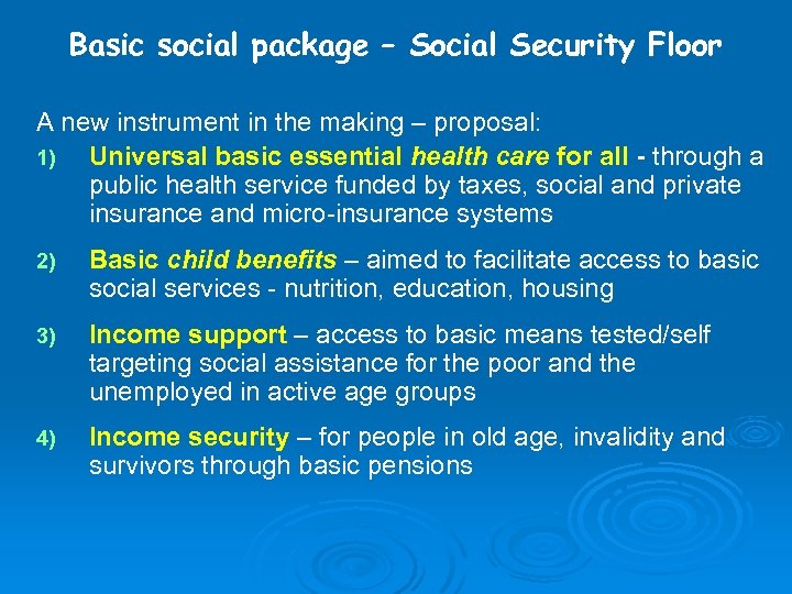 Basic social package – Social Security Floor A new instrument in the making –