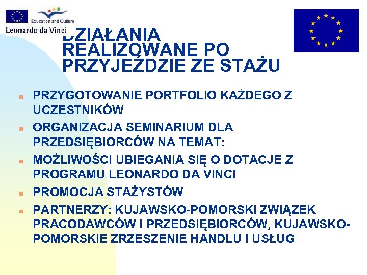 DZIAŁANIA REALIZOWANE PO PRZYJEŹDZIE ZE STAŻU n n n PRZYGOTOWANIE PORTFOLIO KAŻDEGO Z UCZESTNIKÓW