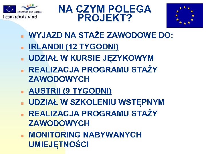 NA CZYM POLEGA PROJEKT? n n n n WYJAZD NA STAŻE ZAWODOWE DO: IRLANDII