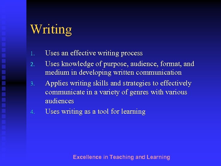 Writing 1. 2. 3. 4. Uses an effective writing process Uses knowledge of purpose,