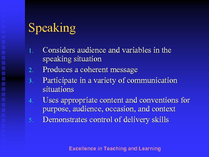 Speaking 1. 2. 3. 4. 5. Considers audience and variables in the speaking situation