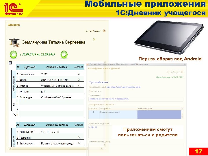 Мобильные приложения 1 С: Дневник учащегося Первая сборка под Android Приложением смогут пользоваться и