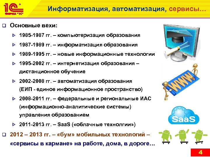 Информатизация, автоматизация, сервисы… q Основные вехи: 1985 -1987 гг. – компьютеризация образования 1987 -1989