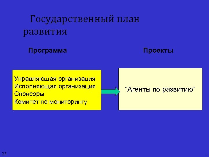 Государственный план развития Программа Управляющая организация Исполняющая организация Спонсоры Комитет по мониторингу 25 Проекты